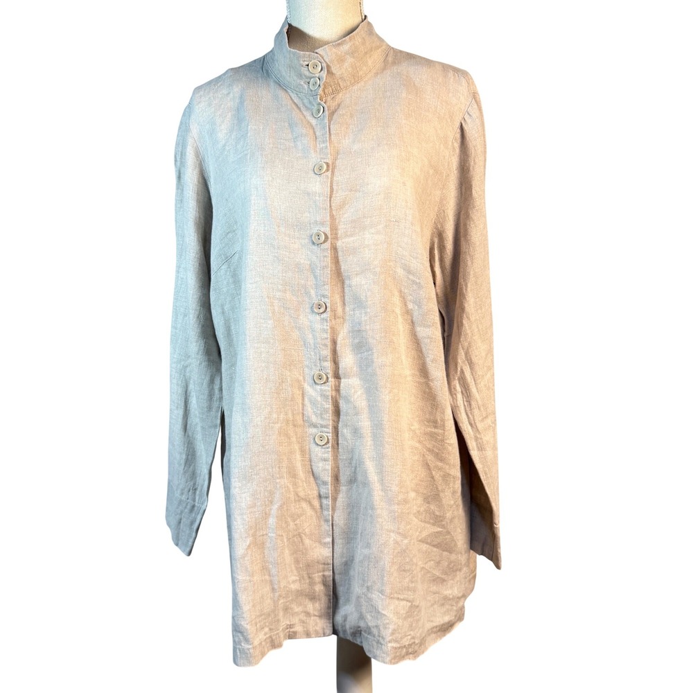 FLAX‎ Womens Medium 100% Linen Mandarin Collar Button Down Tunic Shirt Beige - Picture 2 of 11